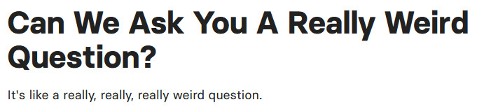 an image I'll need to ask Brush about for details that says in bold title case text "Can We Ask You A Really Weird Question?", then in smaller sentence case text, "It's like a really, really, really weird question."